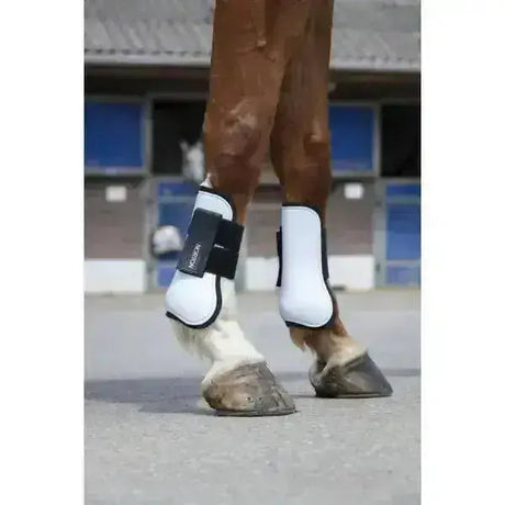 White and black norton coloured tendon boots with flexible outer shell and sleek padded design for horse leg protection