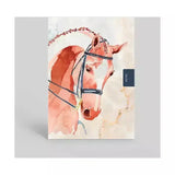 A pocket sized notebook featuring a peach competition horse with black bridle and decorative braiding on the cover