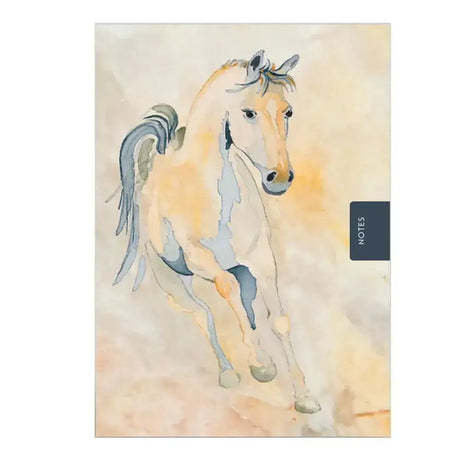 A watercolor illustration of a light-colored horse with flowing mane on the notebook galloping horse handy a6 pocket
