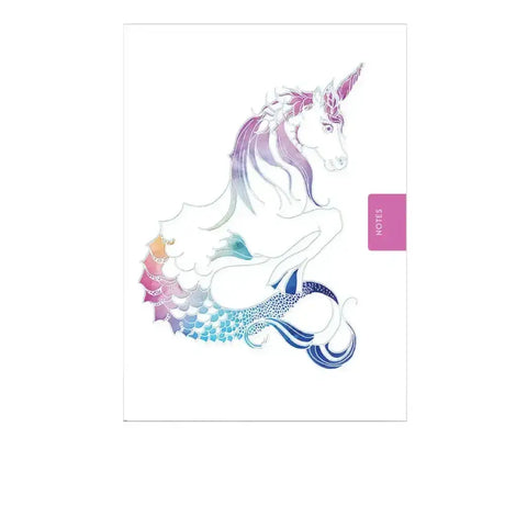 Notebook mythical unicorn with a white body rainbow mane and tail and pink purple blue teal mermaid scales pocket sized notebook