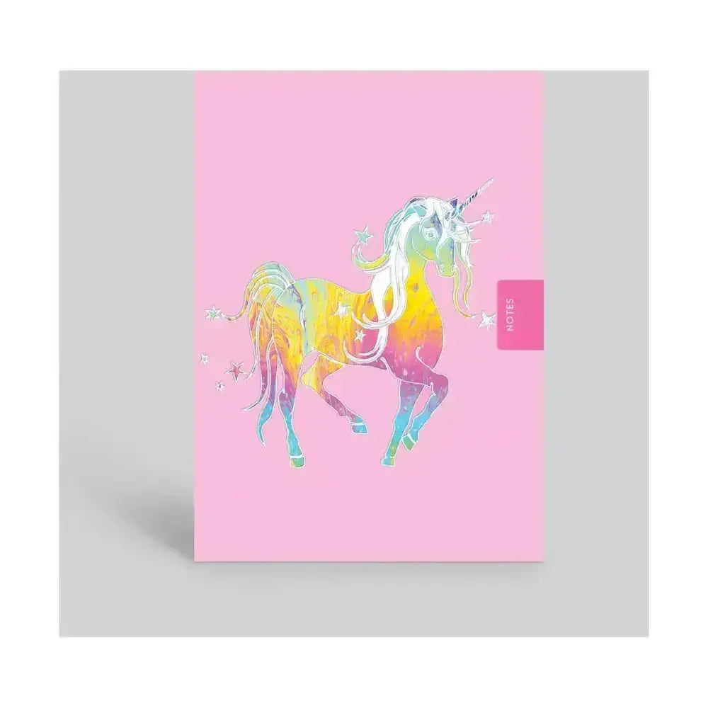 Pink notebook starry mythical unicorn design with silver stars and pink tab handy a6 pocket sized notebook