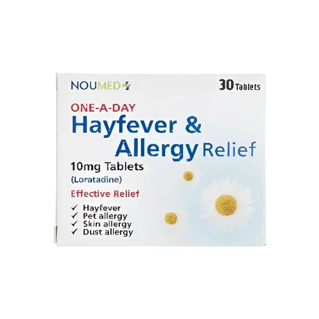 White rectangular box of noumed hayfever allergy pills with daisy design containing 30 tablets of 10mg loratadine