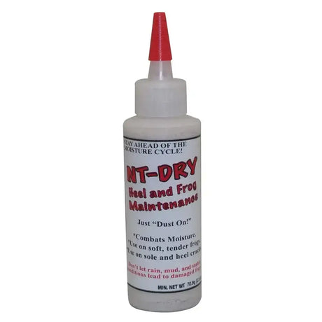 A white plastic tipped squeeze bottle with a red nozzle cap for nt dry heel and frog maintenance on unhealthy frogs