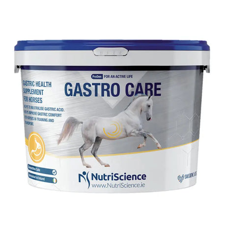 White and blue nutriScience gastro care plastic bucket for horses with stomach lining support and l-glutamic acid