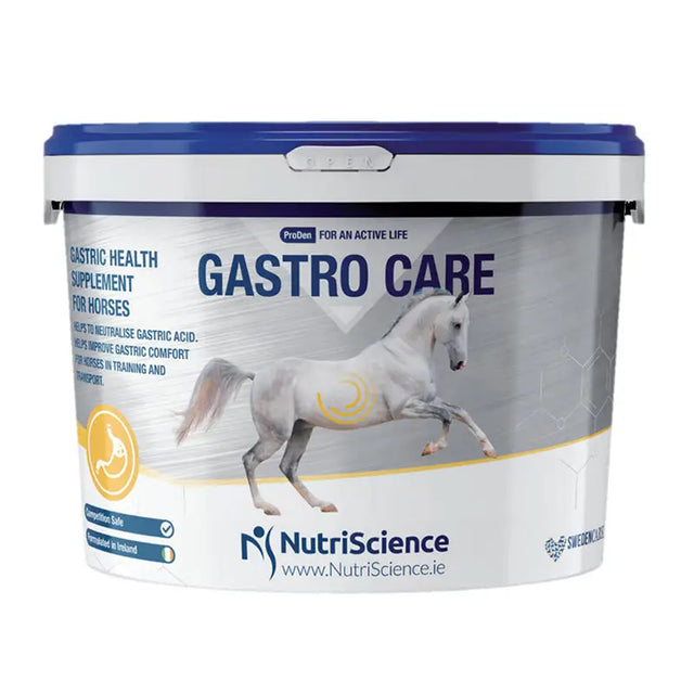 White and blue nutriScience gastro care plastic bucket for horses with stomach lining support and l-glutamic acid