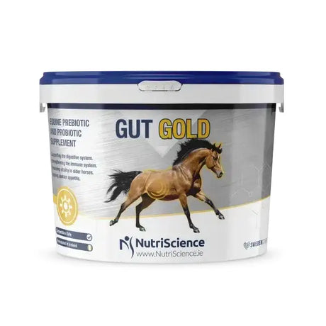 White and blue plastic bucket of nutriscience gut gold featuring a brown horse graphic to help horses achieve performance potential