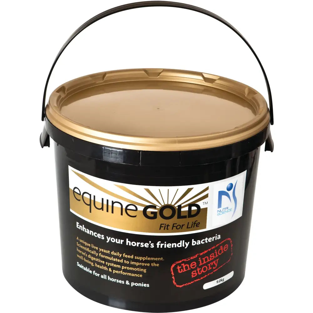 Black plastic bucket with gold lid and handle labeled equine gold gut gold by nutriscience helps horses achieve performance potential