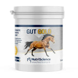 White cylindrical container of nutriscience gut gold prebiotic probiotic supplement helps horses achieve performance potential