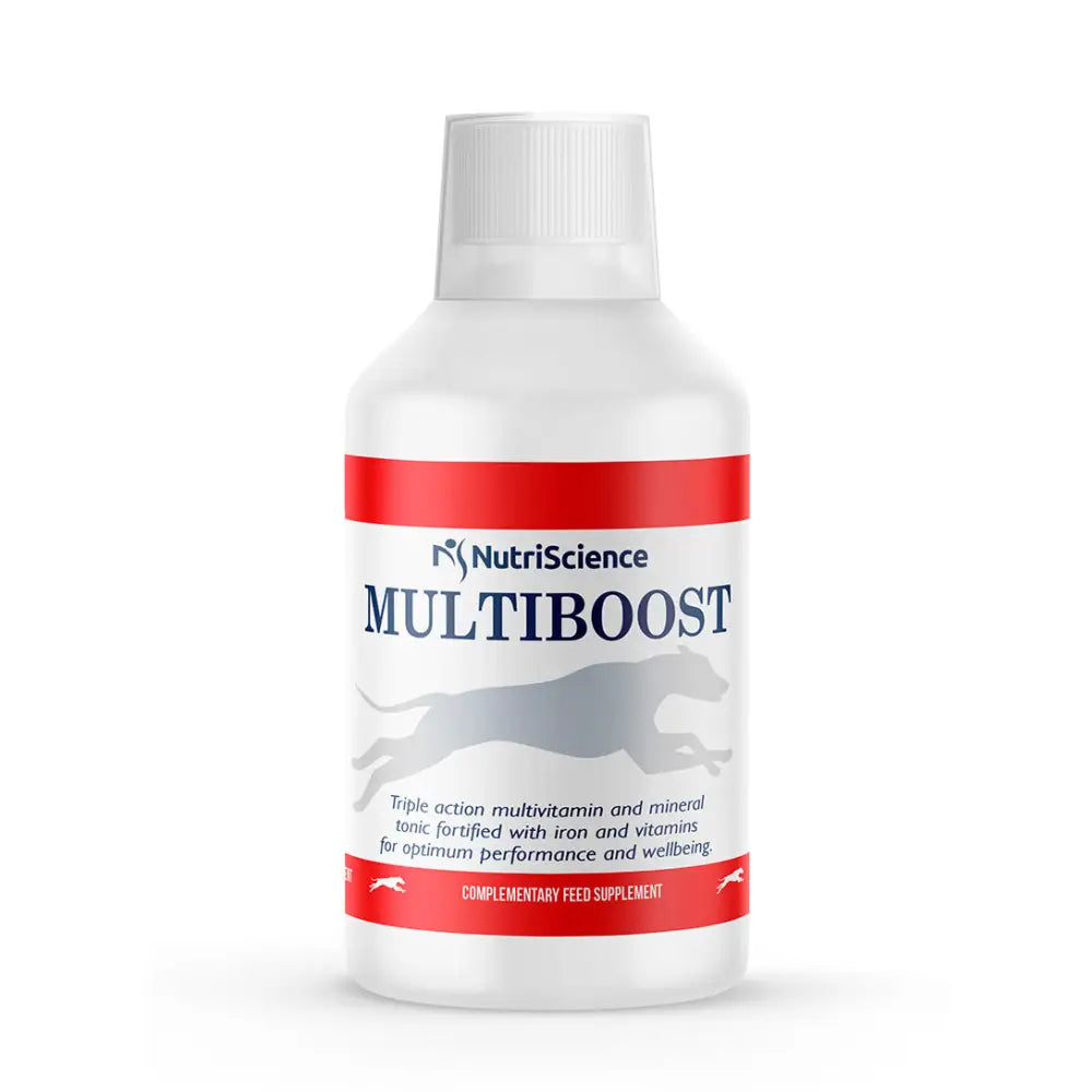 White plastic bottle with red label and white cap of nutriscience multiboost featuring a running dog and high iron amino acids