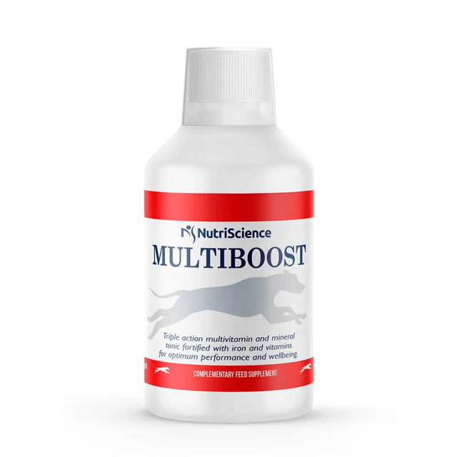 White plastic bottle with red label and white cap of nutriscience multiboost featuring a running dog and high iron amino acids