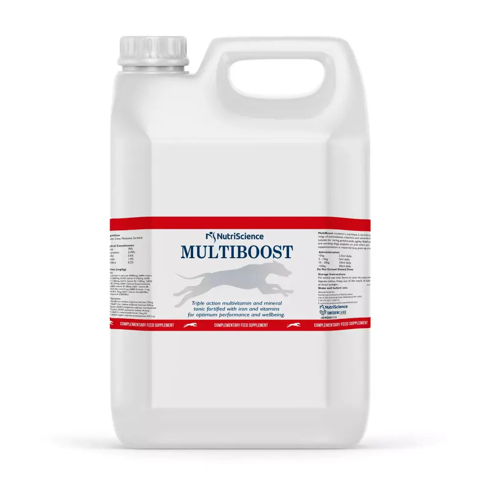 White plastic jug with red label and gray dog silhouette of nutriscience multiboost featuring high iron and amino acids
