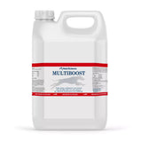 White plastic jug with red label and gray dog silhouette of nutriscience multiboost featuring high iron and amino acids