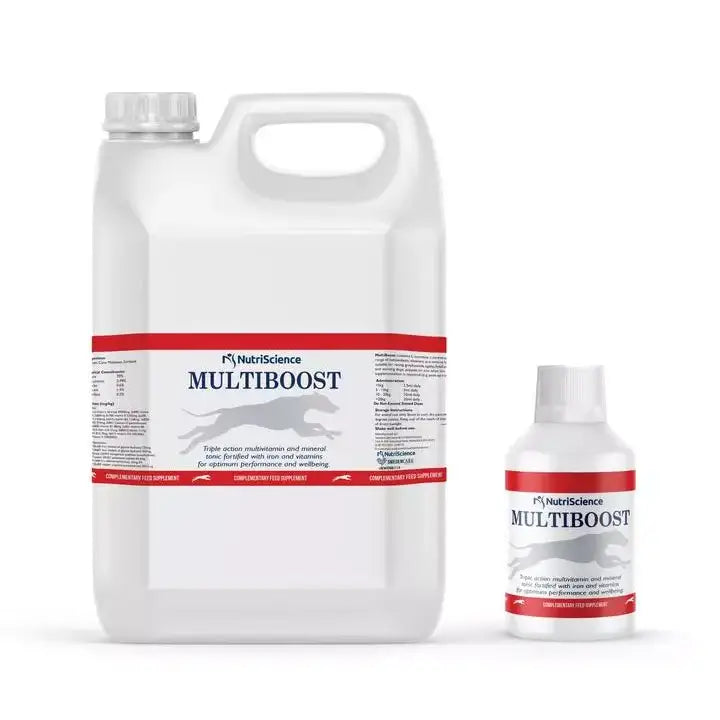 White plastic bottle with red label and silver horse silhouette branded nutriscience multiboost with amino acids and high iron