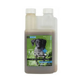 A clear plastic bottle with white cap of nvc mobility liquid with brown liquid for stiff dogs and active life support