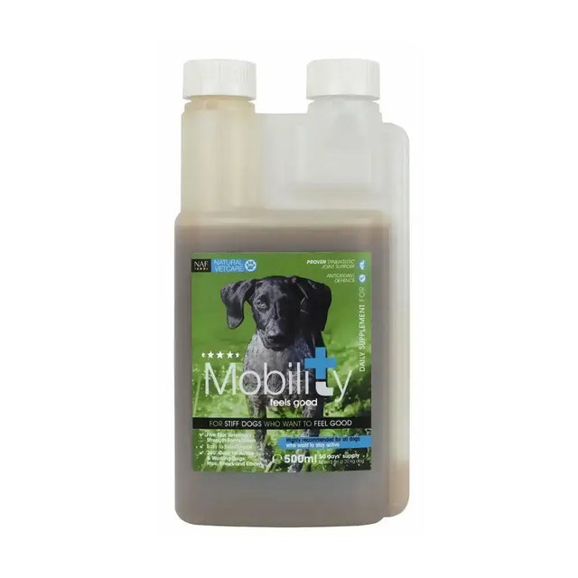 A clear plastic bottle with white cap of nvc mobility liquid with brown liquid for stiff dogs and active life support
