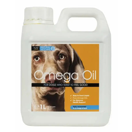 White plastic jug of naf natural vetcare nvc omega oil with essential omega natural oils rich for dogs and weimaraner label