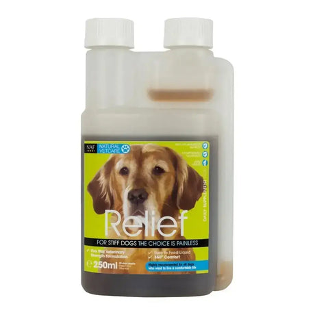 A 250ml transparent plastic bottle of nvc relief powerful herbal liquid with a yellow label showing a golden retriever for target joint comfort