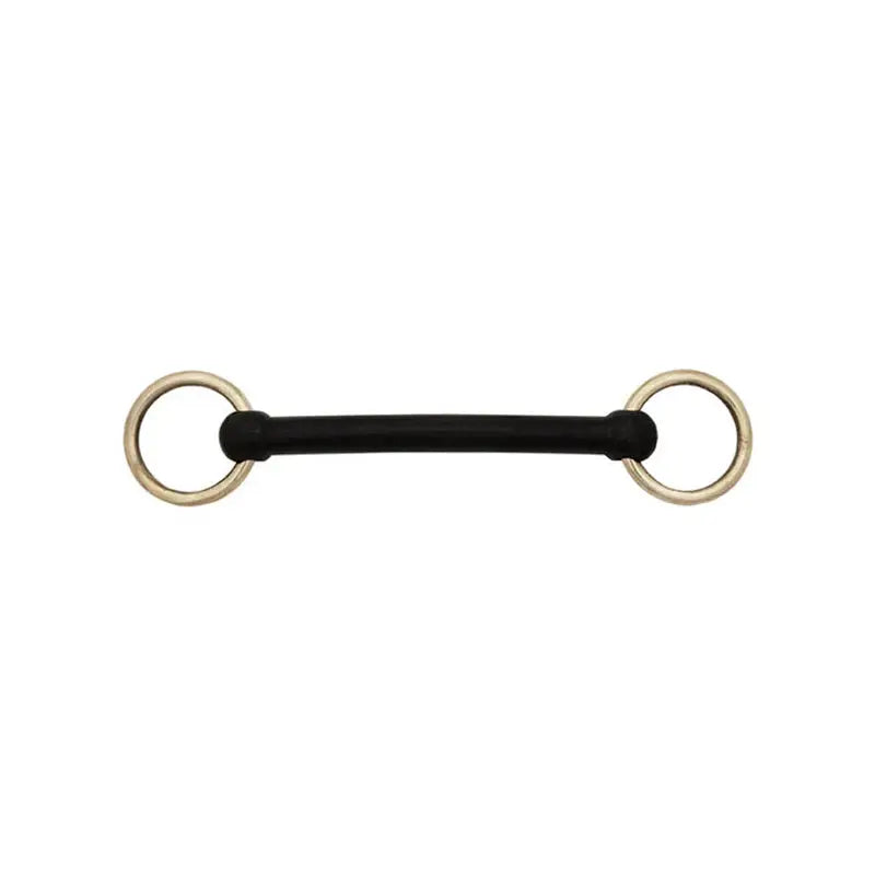 Black rubber nylon foal bit with silver metal rings designed for gentle control in young horses