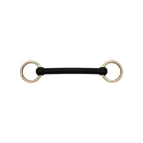 Black rubber nylon foal bit with silver metal rings designed for gentle control in young horses