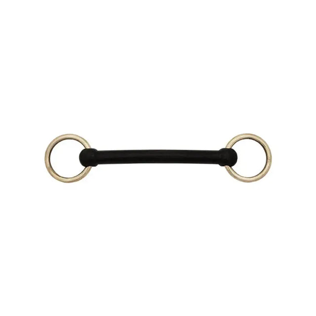 Black rubber nylon foal bit with silver metal rings designed for gentle control in young horses