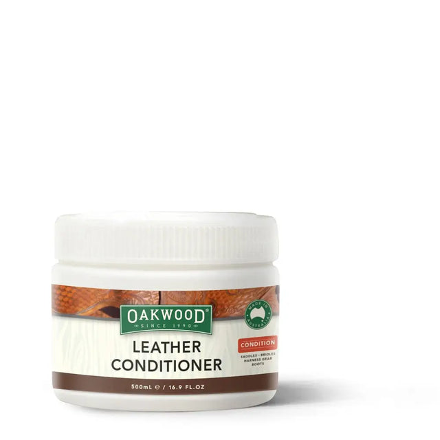 White plastic jar of oakwood leather conditioner 500ml with brown green label featuring brand and australian origin