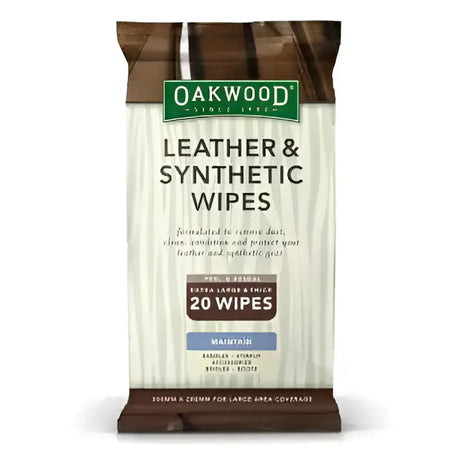Oakwood leather conditioner wipes package with brown oakwood leather and synthetic wipes in cream striped design