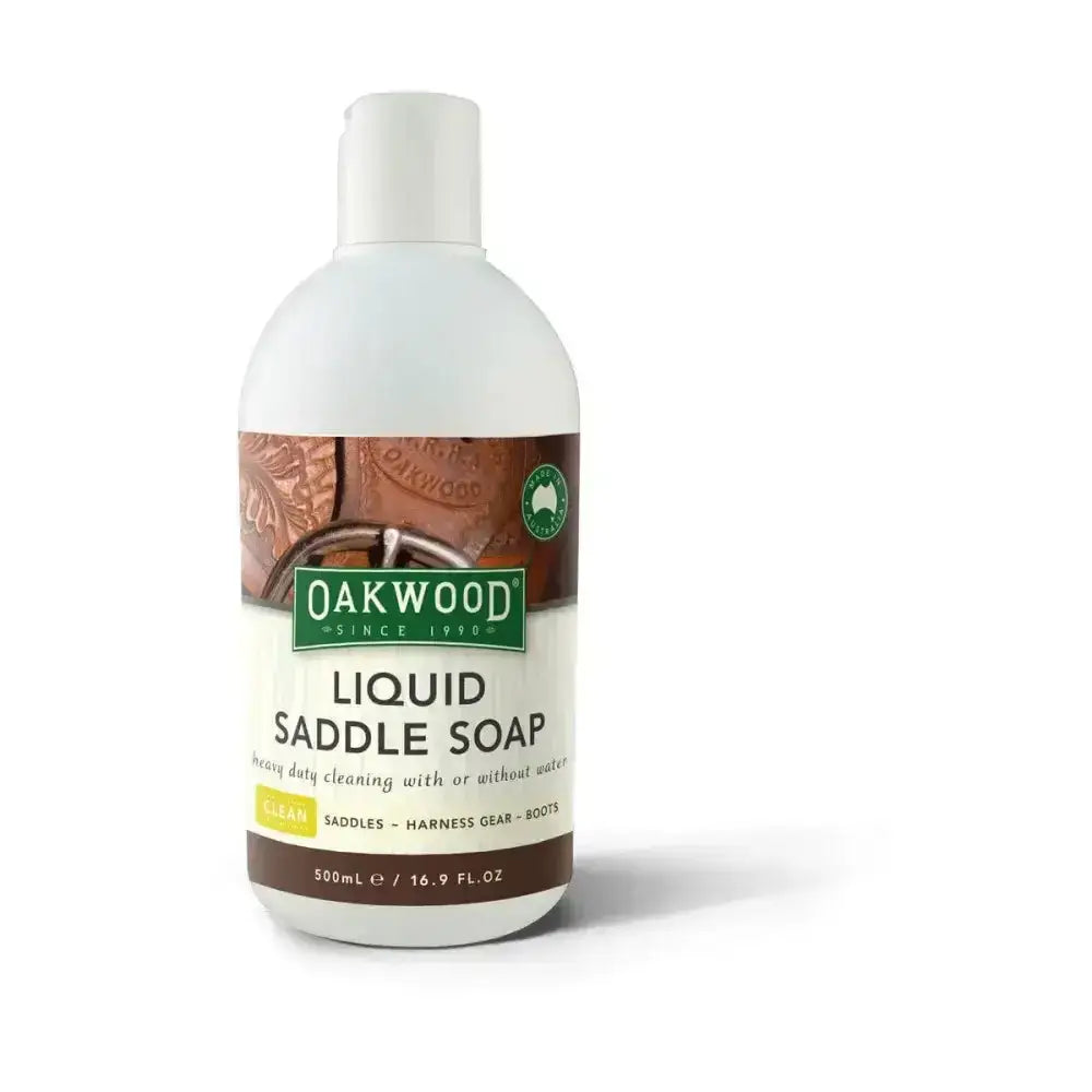 White plastic bottle of oakwood liquid saddle soap with green and brown label removes heavy dirt from leather saddles