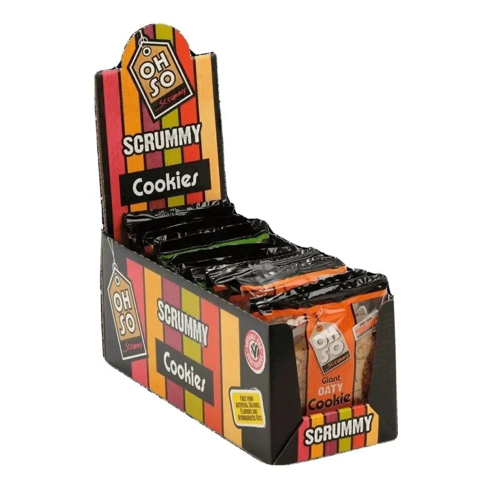 Vibrant striped cardboard box holding orange and black bags of oh so scrummy giant cookies for easy snacking