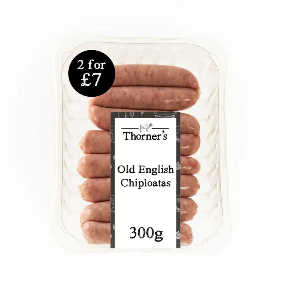 Clear plastic pack of six pinkish brown thorne’s old english chipolatas 300g made from high quality meat