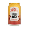 A vibrant yellow and orange aluminum can of old jamaica ginger beer with a white label and palm tree graphics