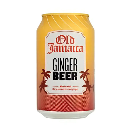 A vibrant yellow and orange aluminum can of old jamaica ginger beer with a white label and palm tree graphics