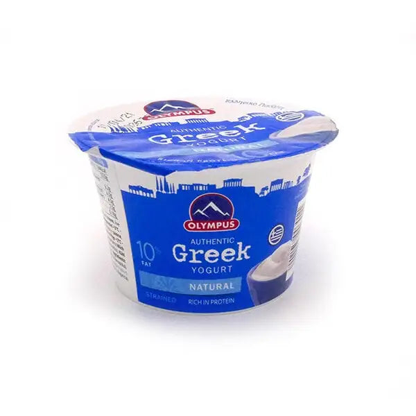 Blue and white plastic cup of Olympus Greek yogurt labeled natural and rich in protein perfect with jimmys iced coffee