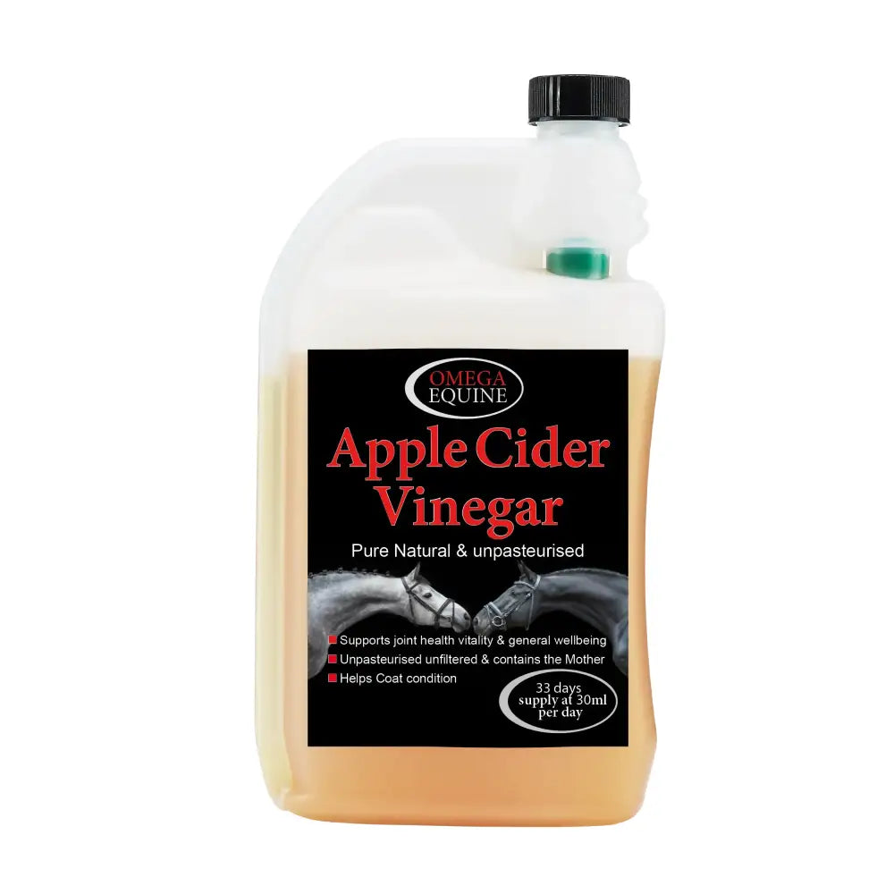 A white plastic bottle of omega apple cider vinegar with black cap and amber liquid for keeping joints healthy