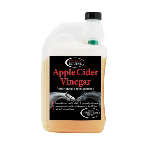 A white plastic bottle of omega apple cider vinegar with black cap and label featuring red text for keeping joints healthy