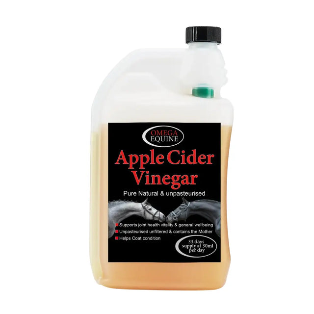 A white plastic bottle of omega apple cider vinegar with black cap and amber liquid for keeping joints healthy