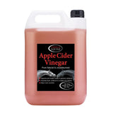 A 5-liter white plastic jug of omega apple cider vinegar with a black cap for keeping horse joints healthy