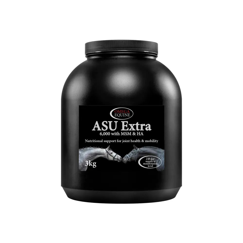 Black plastic container of omega asu extra 3kg supplement with avocado soybean unsaponifiables for equine joint health