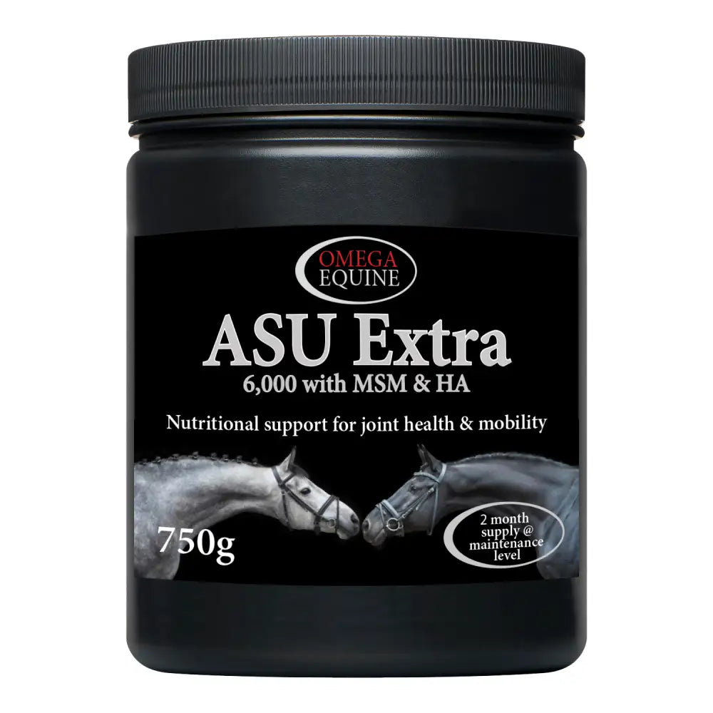 Black cylindrical container of omega asu extra 750g equine joint health supplement with avocado soybean unsaponifiables