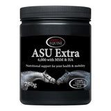 Black cylindrical container of omega asu extra 750g equine joint health supplement with avocado soybean unsaponifiables