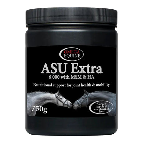 Black cylindrical container of omega asu extra 750g equine joint health supplement with avocado soybean unsaponifiables