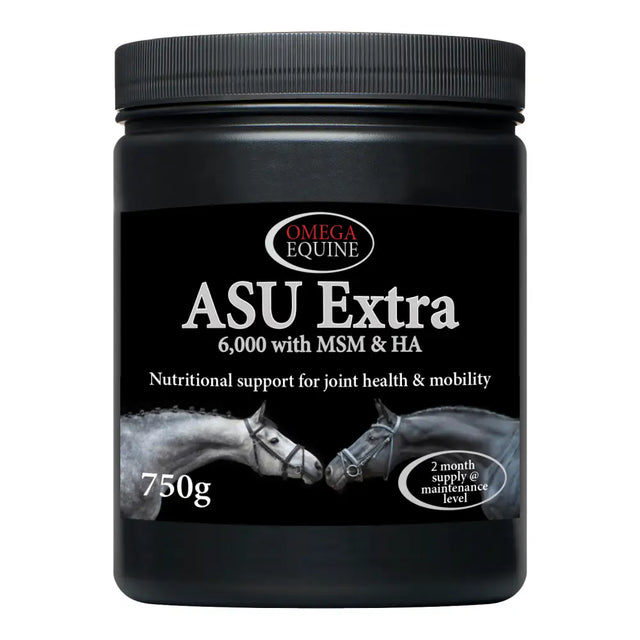 Black cylindrical container of omega asu extra 750g equine joint health supplement with avocado soybean unsaponifiables