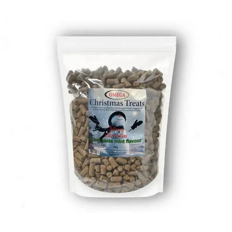 A clear plastic bag of brown cylindrical omega christmas horse treats with herbal flavouring compounds analytical