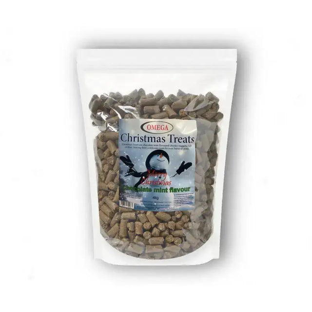 A clear plastic bag of brown cylindrical omega christmas horse treats with herbal flavouring compounds analytical