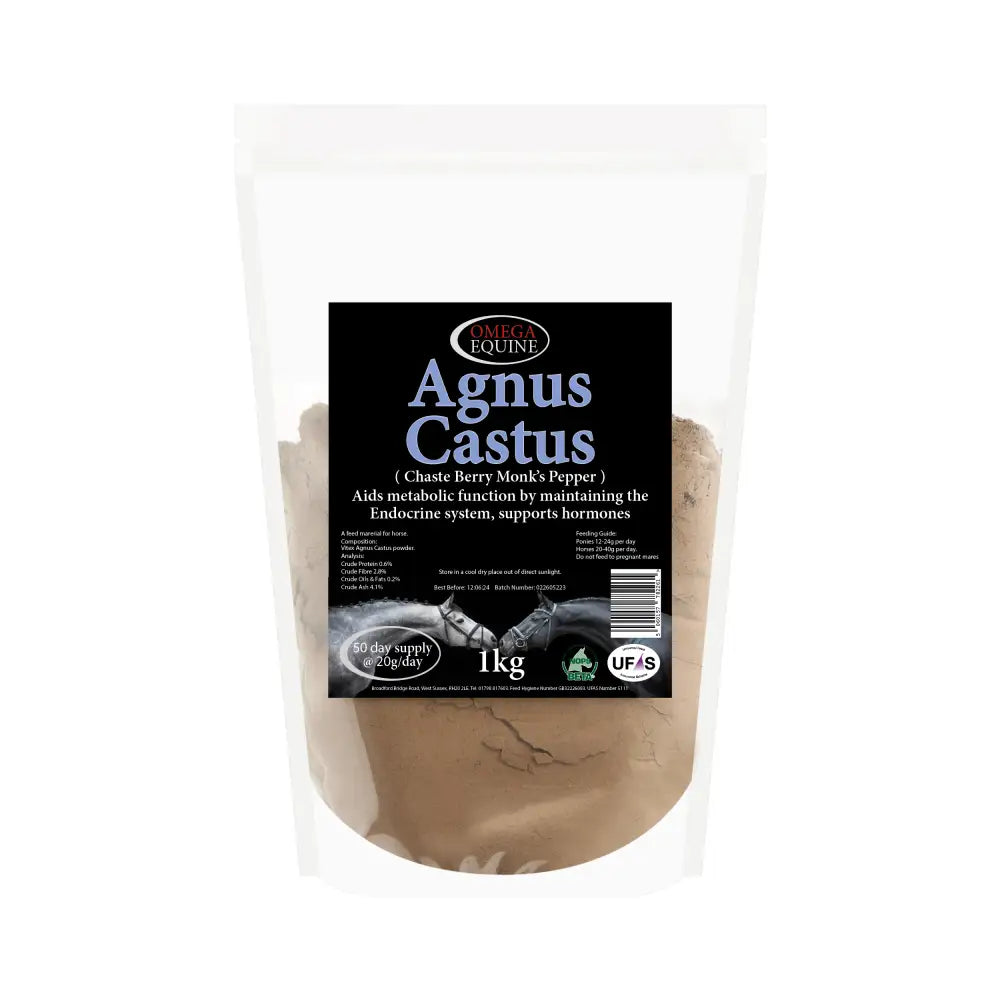A 1kg bag of light brown omega equine agnus castus powder herbal supplement for horses