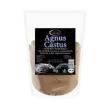A clear plastic pouch with light brown equine agnus castus powder labeled omega equine agnus castus for horses