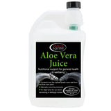 White plastic bottle of omega equine aloe vera juice with black cap and green text showcasing impressive medicinal herbs