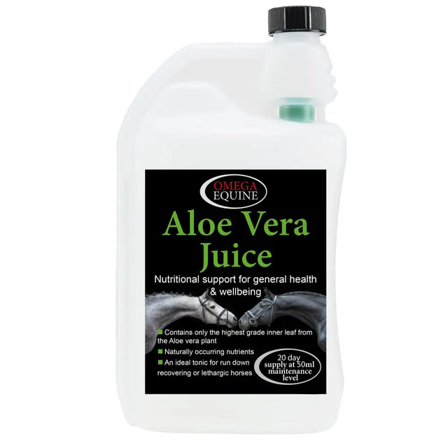 White plastic bottle of omega equine aloe vera juice with black cap and green text showcasing impressive medicinal herbs