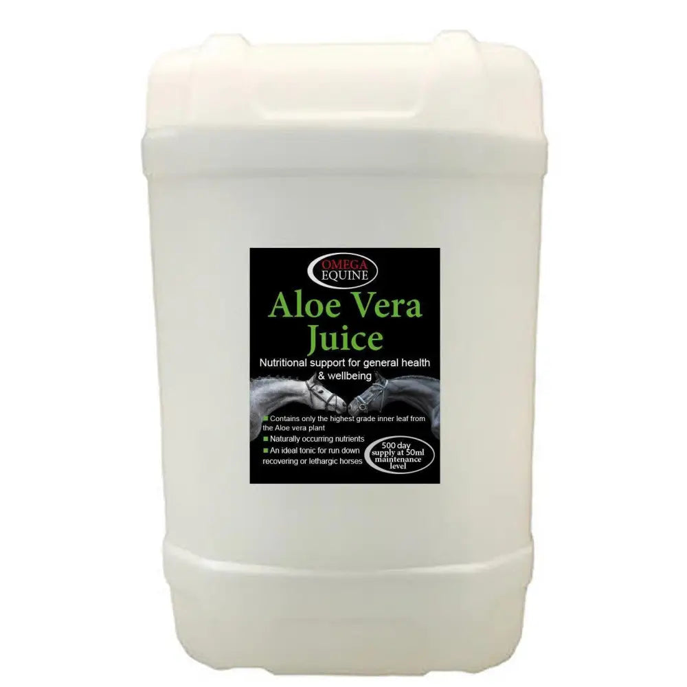 White plastic jug of omega equine aloe vera juice labeled as a 500-day supply for horses featuring impressive medicinal herbs