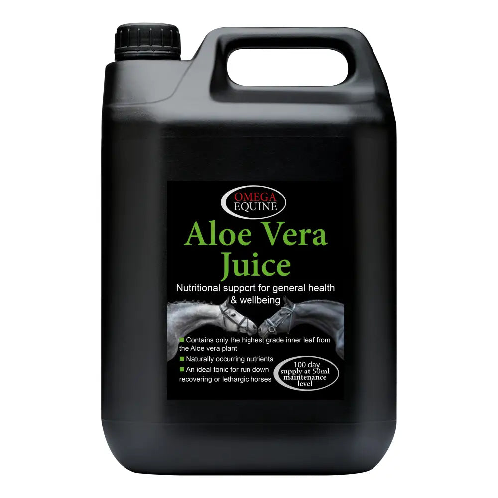 Black plastic jug of omega equine aloe vera juice with black cap and handle featuring impressive medicinal herbs