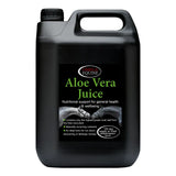 Black plastic jug of omega equine aloe vera juice with black cap and handle featuring impressive medicinal herbs